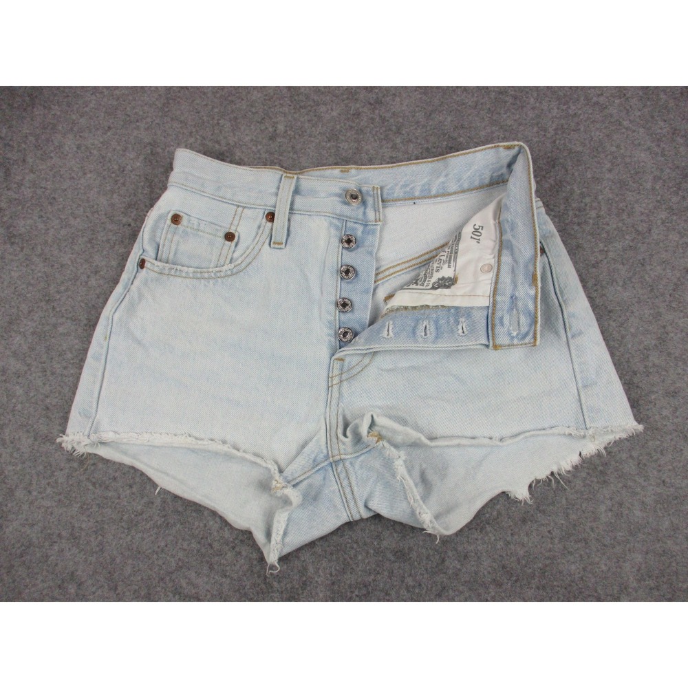 Levis 501 Shorts Womens 24 Blue Denim Cut Off Button Fly Raw Hem Light Wash